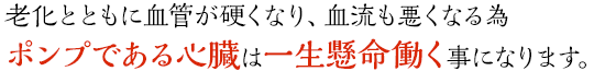 老化とともに血管が硬くなり、血流も悪くなる為、ポンプである心臓は一生懸命働く事になります。
